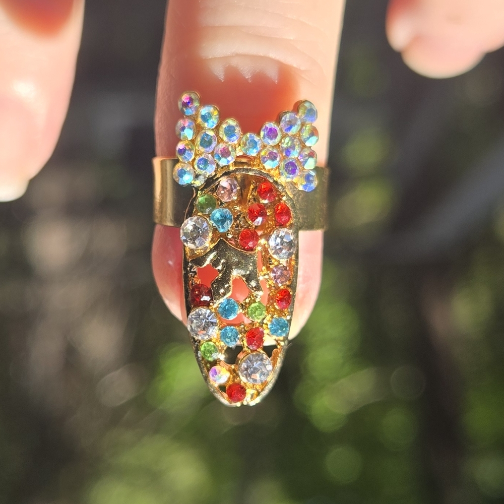 Multi Colored Ornate Gold Bow & Crown Nail Ring - Picture 4 of 8